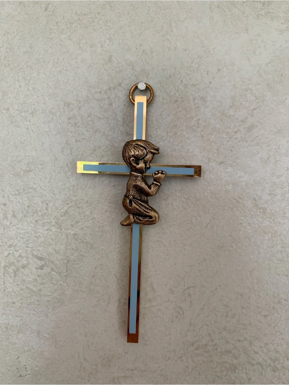 Vintage Gold-Tone w/Blue Enamel Cross Wall Decor with Praying Boy Wall Decor